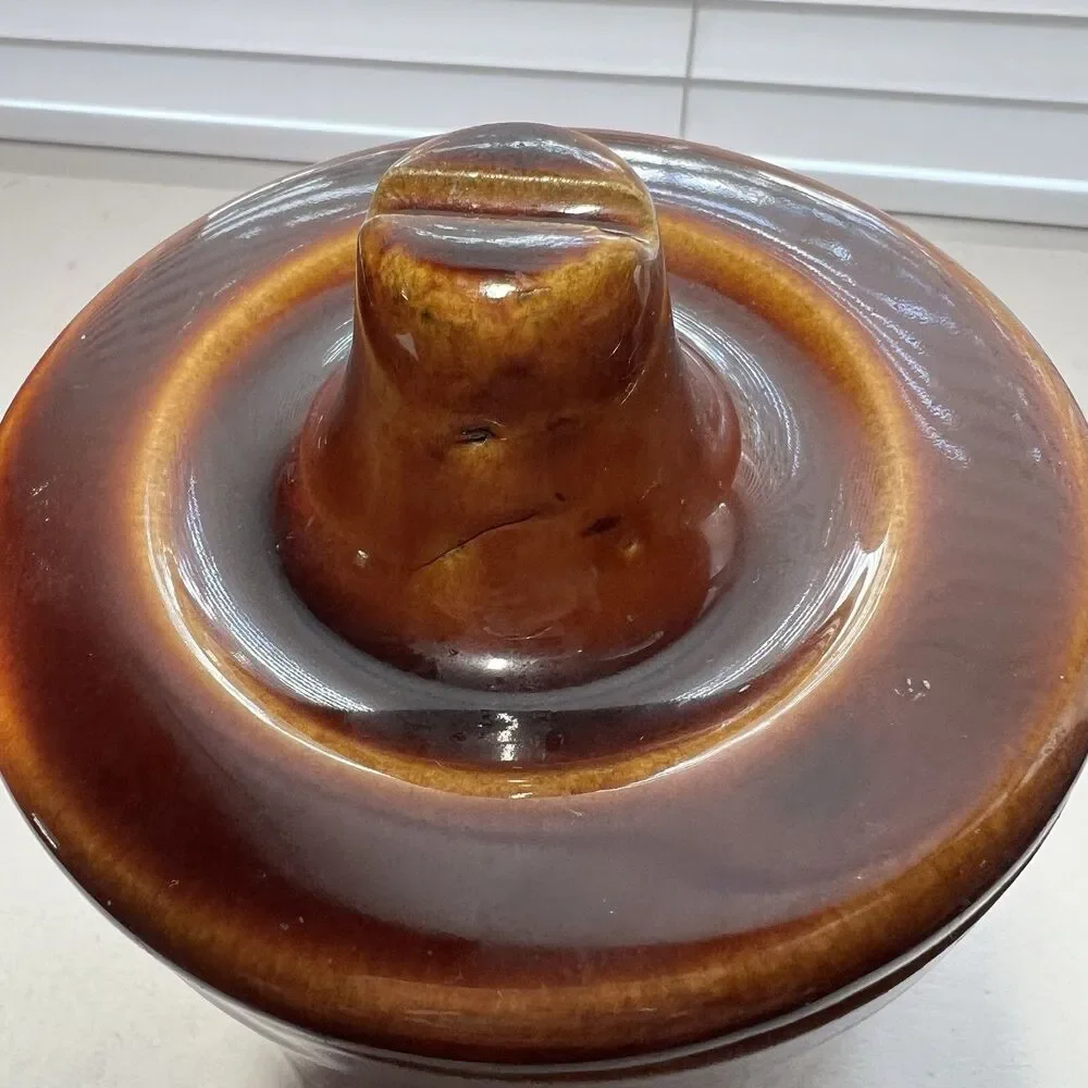 Vintage Brown Glazed Stoneware Cheese Crock Lid Locking Wire Bail Jar Flaws 5”